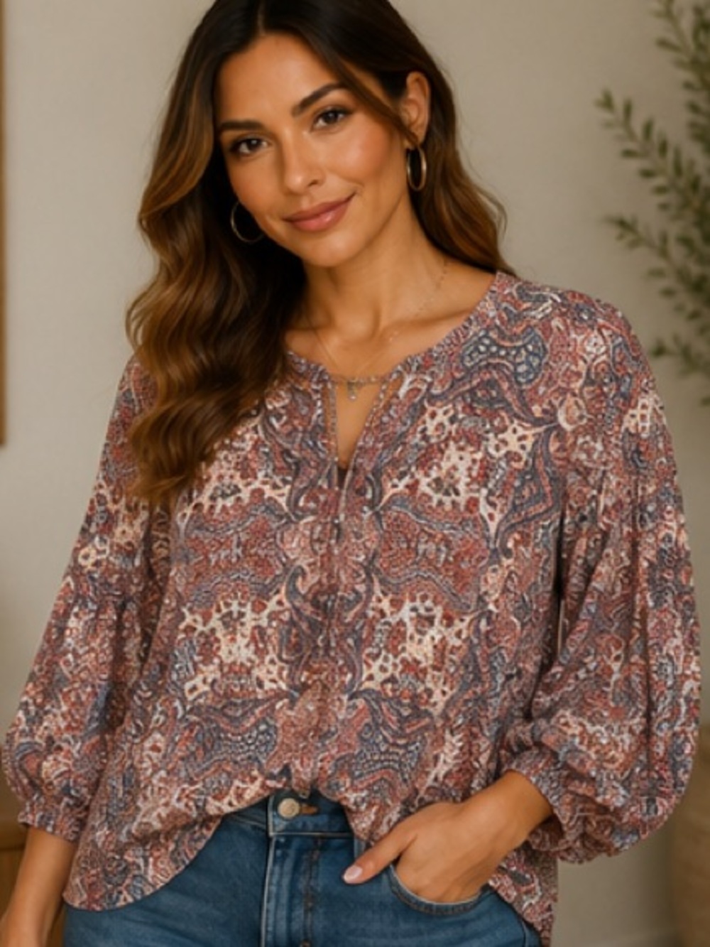 Counterparts Cream Paisley Button-Front Blouse with Rust and Blue Accents